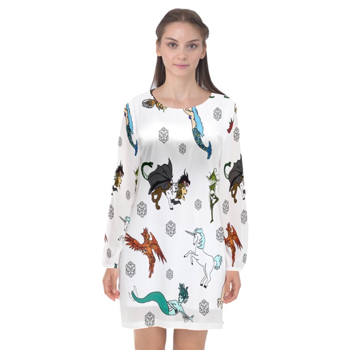 Dundgeon and Dragons Dice and Creatures Long Sleeve Chiffon Shift Dress 