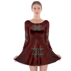 Decorative Celtic Knot On Dark Vintage Background Long Sleeve Skater Dress by FantasyWorld7