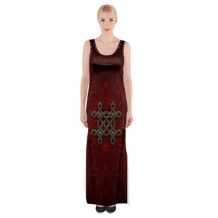 Decorative Celtic Knot On Dark Vintage Background Maxi Thigh Split Dress