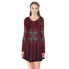 Decorative Celtic Knot On Dark Vintage Background Long Sleeve V-neck Flare Dress by FantasyWorld7