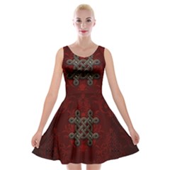 Decorative Celtic Knot On Dark Vintage Background Velvet Skater Dress by FantasyWorld7