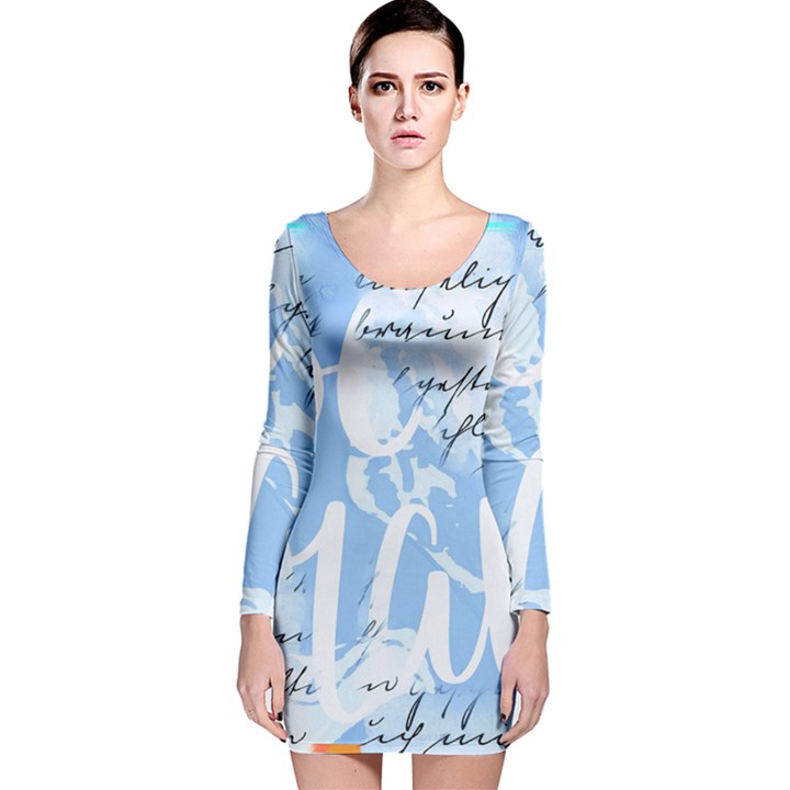 Love Script Blue Long Sleeve Velvet Bodycon Dress