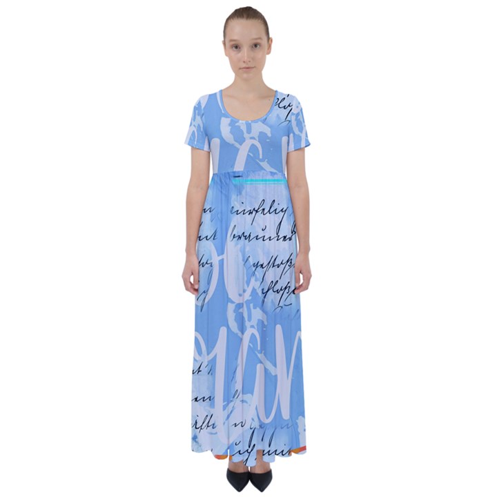 Love Script Blue High Waist Short Sleeve Maxi Dress