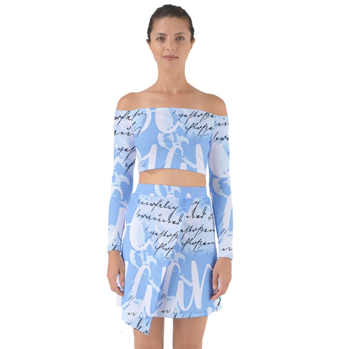 Love Script Blue Off Shoulder Top with Skirt Set