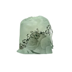 Elegant, Decorative Floral Design In Soft Green Colors Drawstring Pouches (medium)  by FantasyWorld7