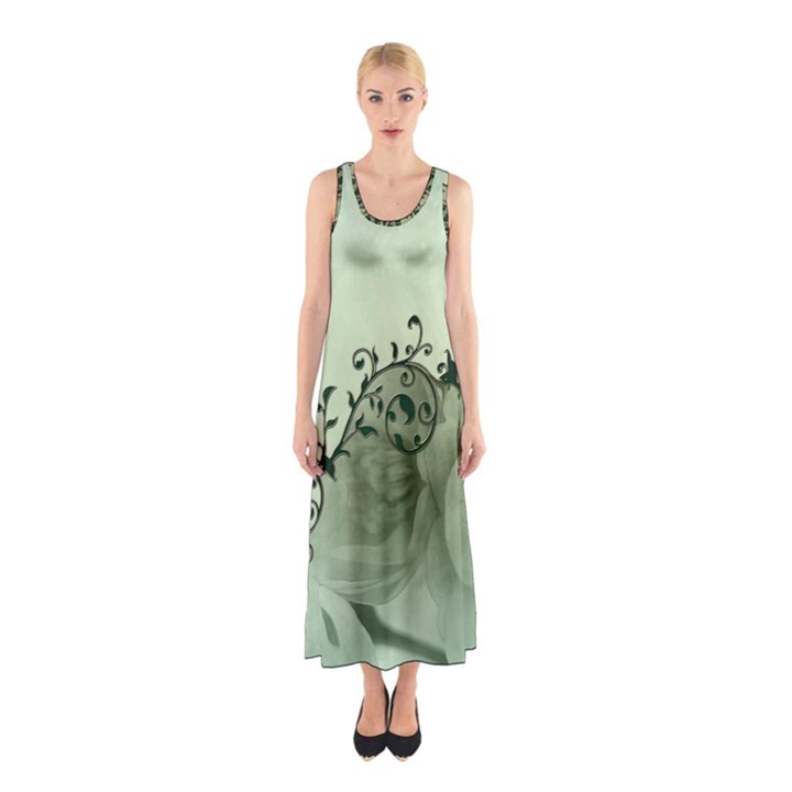 Elegant, Decorative Floral Design In Soft Green Colors Sleeveless Maxi Dress