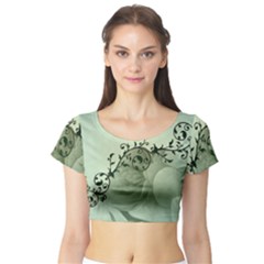 Elegant, Decorative Floral Design In Soft Green Colors Short Sleeve Crop Top by FantasyWorld7