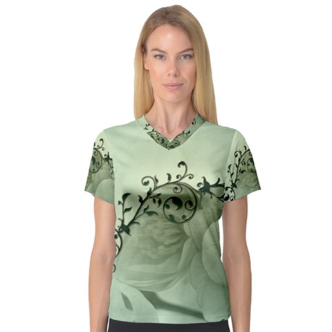 Elegant, Decorative Floral Design In Soft Green Colors V-neck Sport Mesh Tee by FantasyWorld7