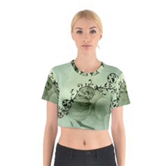 Elegant, Decorative Floral Design In Soft Green Colors Cotton Crop Top by FantasyWorld7