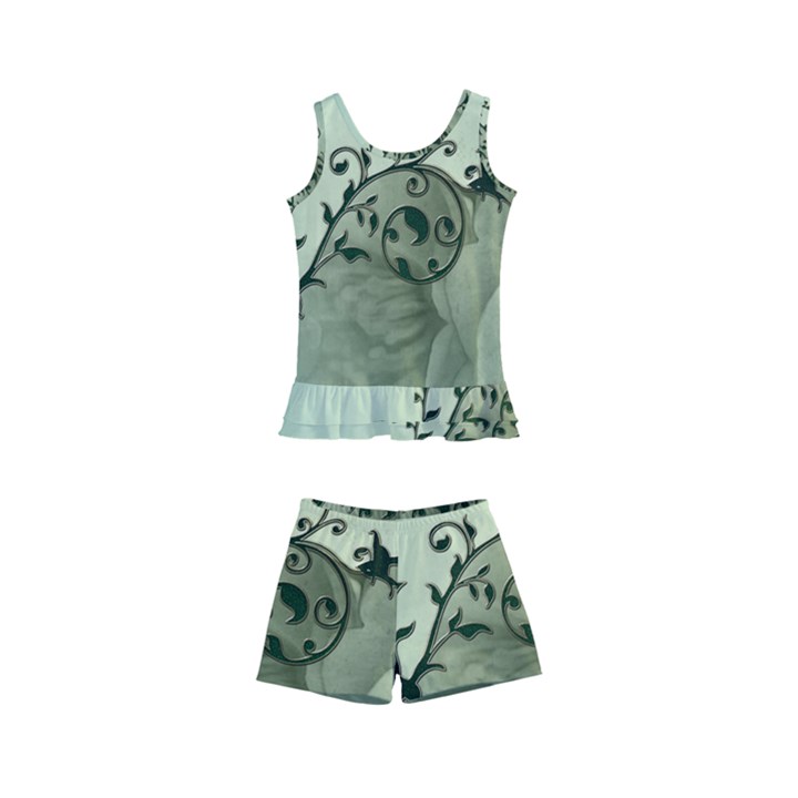 Elegant, Decorative Floral Design In Soft Green Colors Kid s Boyleg Swimsuit