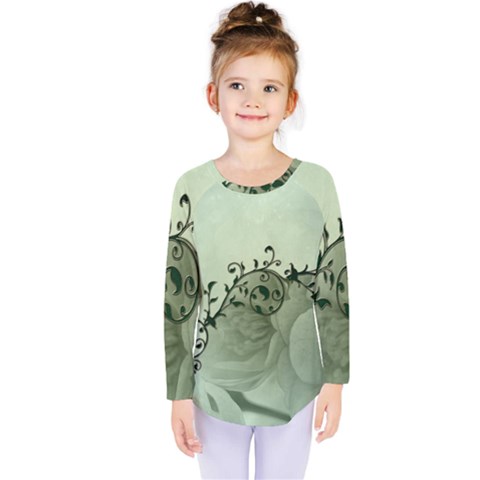 Elegant, Decorative Floral Design In Soft Green Colors Kids  Long Sleeve Tee by FantasyWorld7