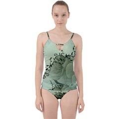 Elegant, Decorative Floral Design In Soft Green Colors Cut Out Top Tankini Set by FantasyWorld7