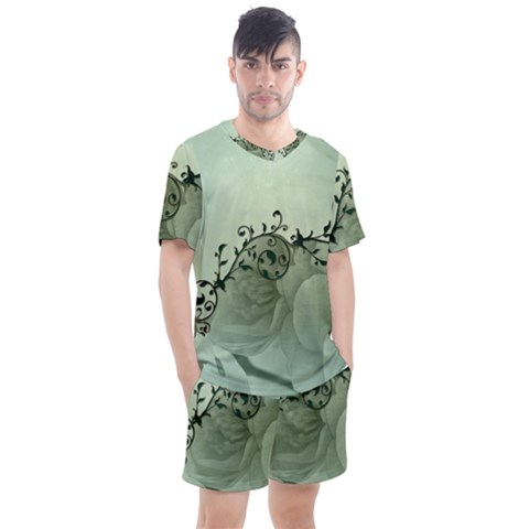 Elegant, Decorative Floral Design In Soft Green Colors Men s Mesh Tee And Shorts Set by FantasyWorld7