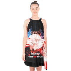 Independence Day, Eagle With Usa Flag Halter Collar Waist Tie Chiffon Dress by FantasyWorld7