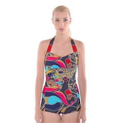 Retro Swirls In Black Boyleg Halter Swimsuit  by flipstylezfashionsLLC