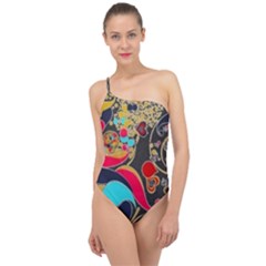 Retro Swirls In Black Classic One Shoulder Swimsuit by flipstylezfashionsLLC