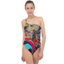 Retro swirls in black Classic One Shoulder Swimsuit View1