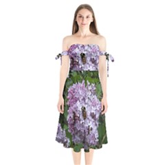 Lilac Bumble Bee Shoulder Tie Bardot Midi Dress