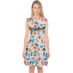 Funny Cute Colorful Cats Pattern Capsleeve Midi Dress