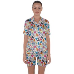 Funny Cute Colorful Cats Pattern Satin Short Sleeve Pyjamas Set