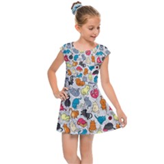 Funny Cute Colorful Cats Pattern Kids Cap Sleeve Dress