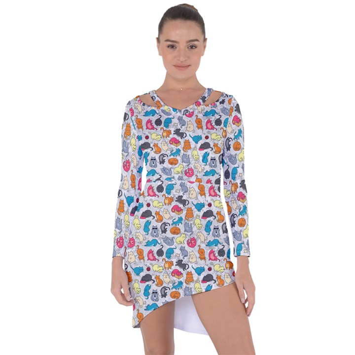 Funny Cute Colorful Cats Pattern Asymmetric Cut-Out Shift Dress