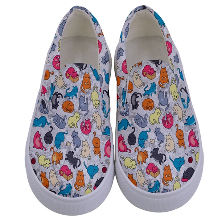 Funny Cute Colorful Cats Pattern Kids  Canvas Slip Ons