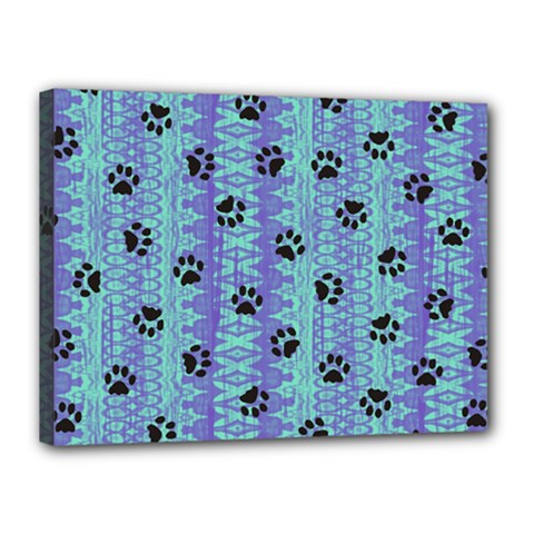 Footprints Cat Black On Batik Pattern Teal Violet Canvas 16  X 12 