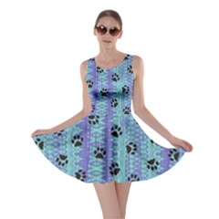 Footprints Cat Black On Batik Pattern Teal Violet Skater Dress