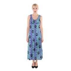 Footprints Cat Black On Batik Pattern Teal Violet Sleeveless Maxi Dress