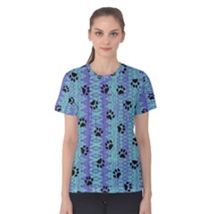 Footprints Cat Black On Batik Pattern Teal Violet Women s Cotton Tee