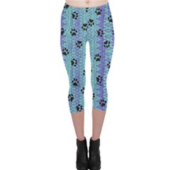 Footprints Cat Black On Batik Pattern Teal Violet Capri Leggings 