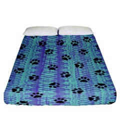 Footprints Cat Black On Batik Pattern Teal Violet Fitted Sheet (california King Size)