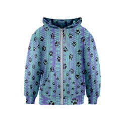 Footprints Cat Black On Batik Pattern Teal Violet Kids  Zipper Hoodie