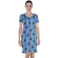 Footprints Cat Black On Batik Pattern Teal Violet Short Sleeve Nightdress