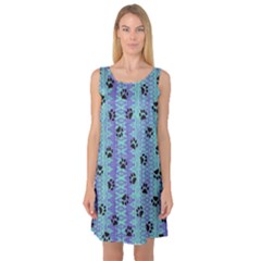 Footprints Cat Black On Batik Pattern Teal Violet Sleeveless Satin Nightdress