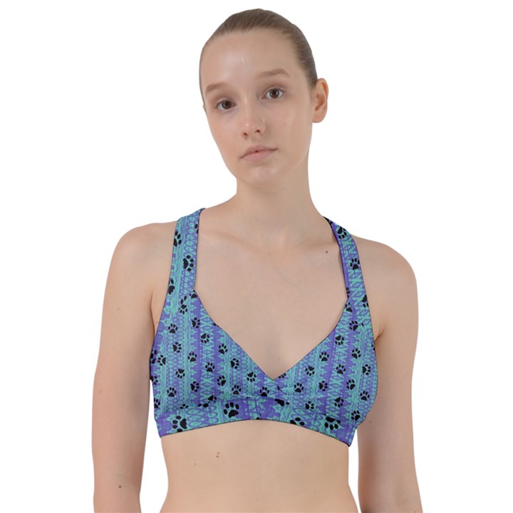 Footprints Cat Black On Batik Pattern Teal Violet Sweetheart Sports Bra