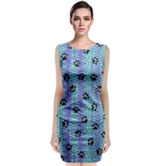 Footprints Cat Black On Batik Pattern Teal Violet Classic Sleeveless Midi Dress