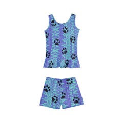 Footprints Cat Black On Batik Pattern Teal Violet Kid s Boyleg Swimsuit