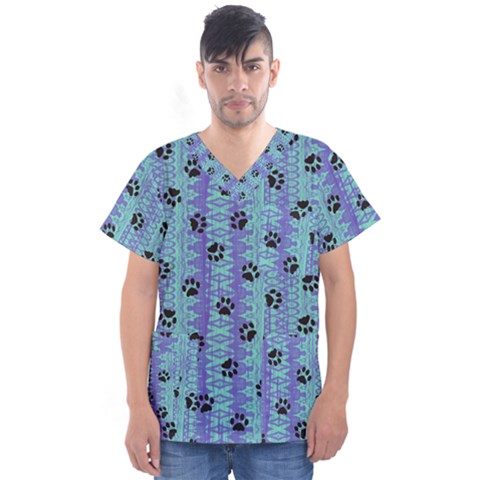 Footprints Cat Black On Batik Pattern Teal Violet Men s V-neck Scrub Top by EDDArt