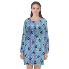 Footprints Cat Black On Batik Pattern Teal Violet Long Sleeve Chiffon Shift Dress 