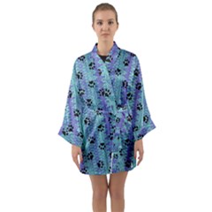 Footprints Cat Black On Batik Pattern Teal Violet Long Sleeve Kimono Robe