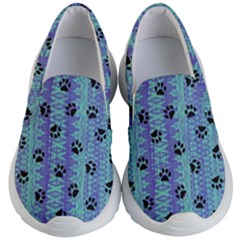 Footprints Cat Black On Batik Pattern Teal Violet Kid s Lightweight Slip Ons