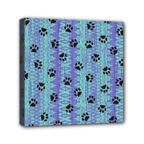 Footprints Cat Black On Batik Pattern Teal Violet Mini Canvas 6  X 6  by EDDArt