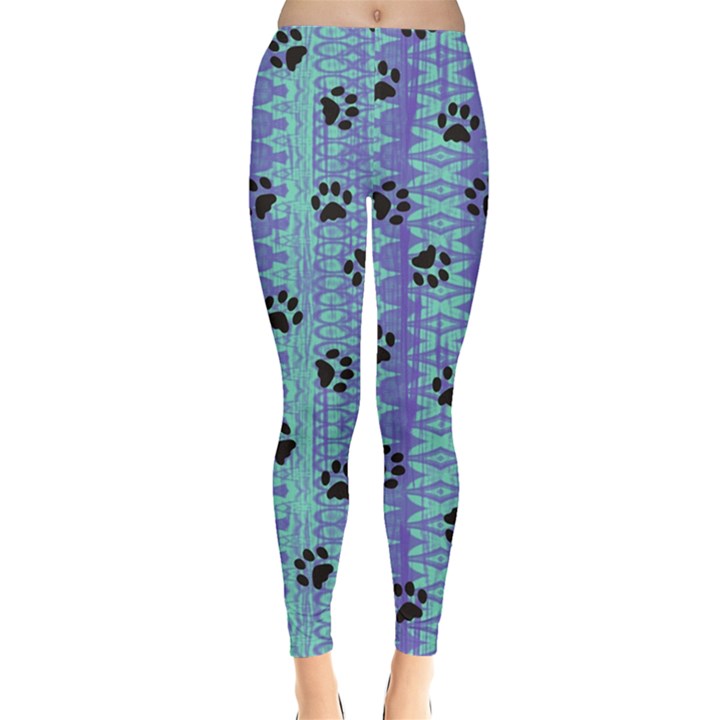 Footprints Cat Black On Batik Pattern Teal Violet Leggings 