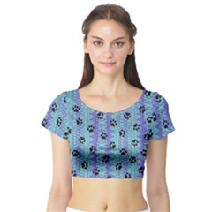 Footprints Cat Black On Batik Pattern Teal Violet Short Sleeve Crop Top by EDDArt