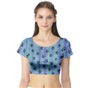 Footprints Cat Black On Batik Pattern Teal Violet Short Sleeve Crop Top View1