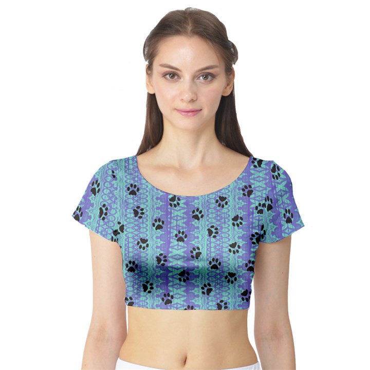 Footprints Cat Black On Batik Pattern Teal Violet Short Sleeve Crop Top