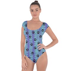 Footprints Cat Black On Batik Pattern Teal Violet Short Sleeve Leotard  by EDDArt