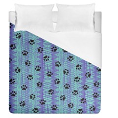 Footprints Cat Black On Batik Pattern Teal Violet Duvet Cover (queen Size) by EDDArt